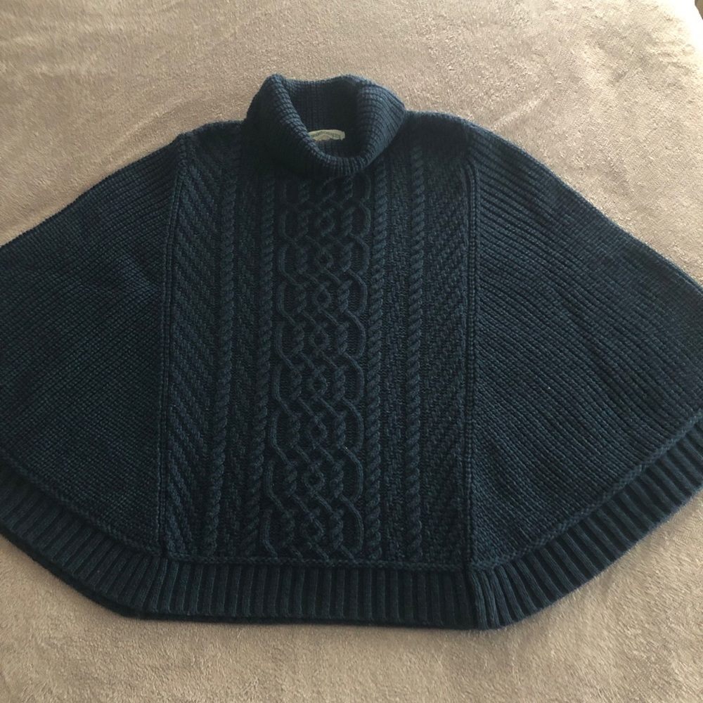 Aran Craft merino wool poncho size XXL with  wide turtleneck. Navy w/teal weave